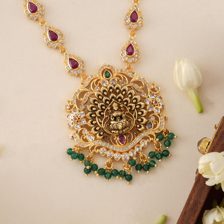 Temple Lakshmi Pendant with Ruby Leaf Necklace