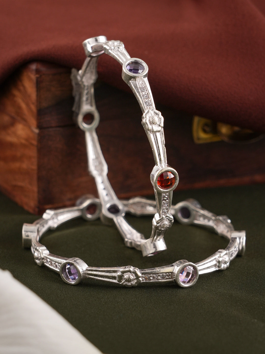 Colourful Gems with Floral Motif Silver Bangle