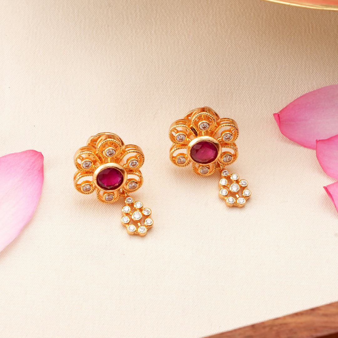 Single Ruby with Floral Design Earrings