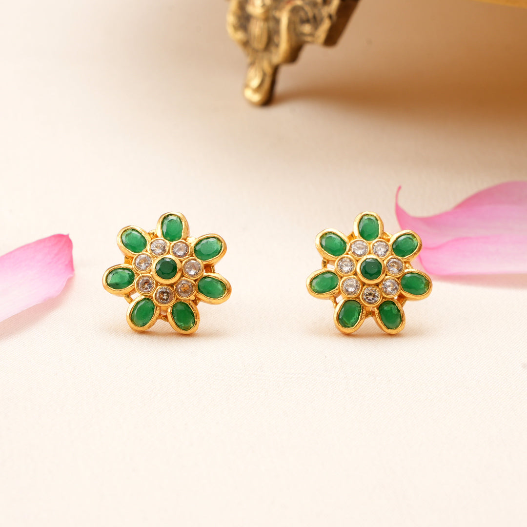 Classic Flower Design Emerald Stud