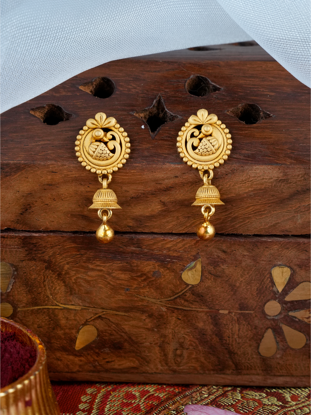 Peacock With Bell Drop Gold Earring