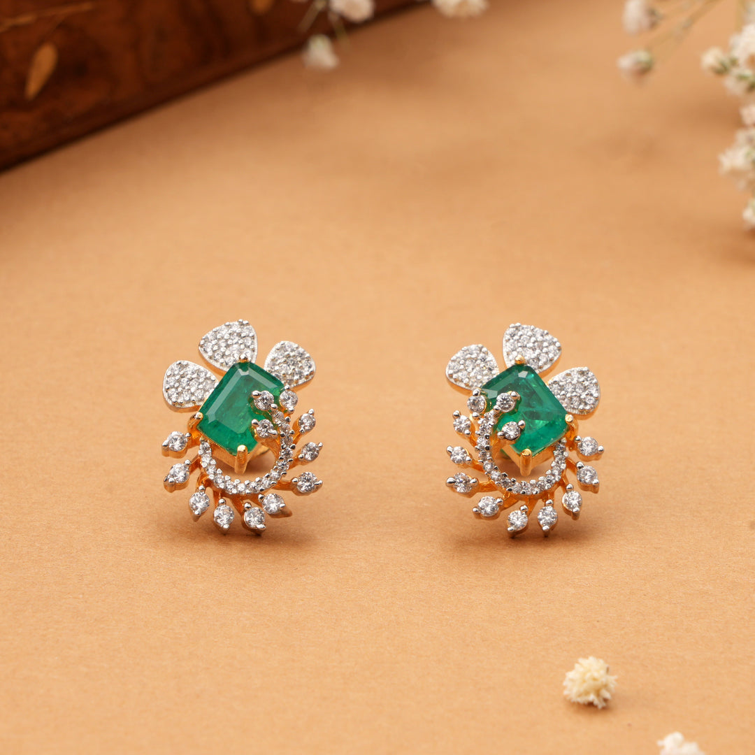 Leaf Swarovski with Halo Emerald Stud