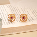 Square Ruby Stone Golden Floral Studs