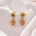 Ethnic Emerald Stone Pearl Drops Golden Jhumka