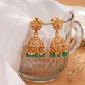 Royal white Stone with Green Bead Drops Golden Jhumka