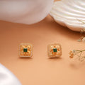 Modern Square Shaped Green White Stone Golden Stud