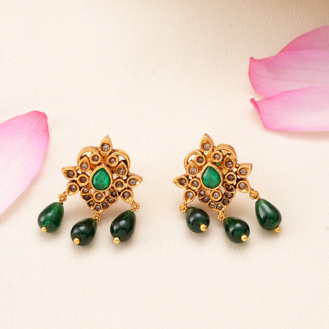Emerald with Green Beads Drop Earrings