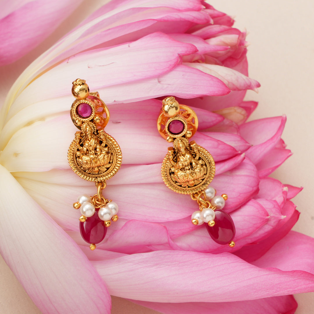 Lakshmi Earrings with Ruby Bead Drops