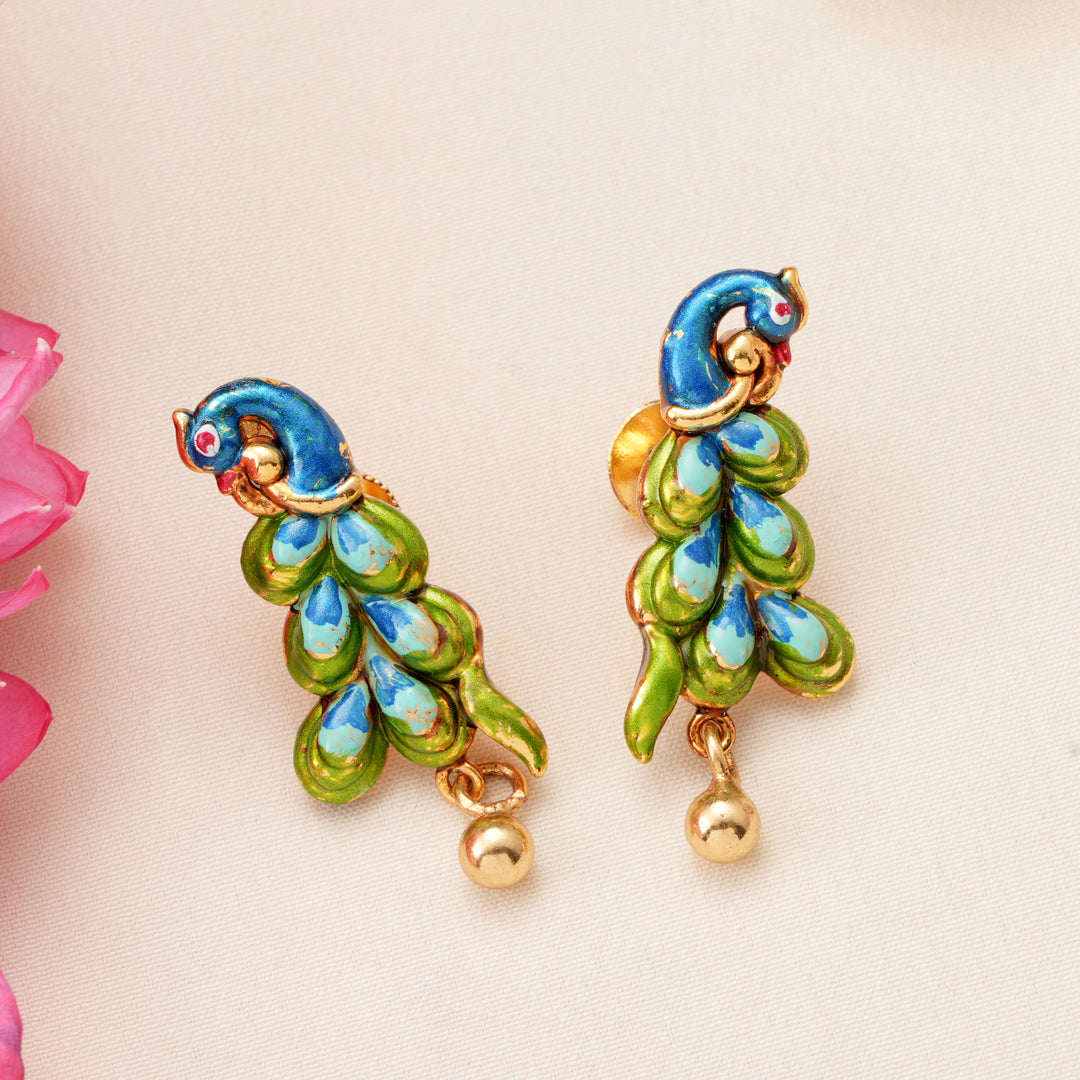 Peacock with Gold Drops Earrings