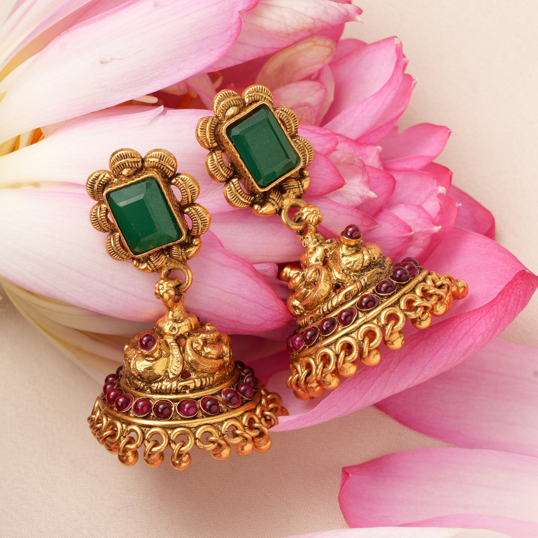 Antique Halo Emerald with Golden Balls Earrings