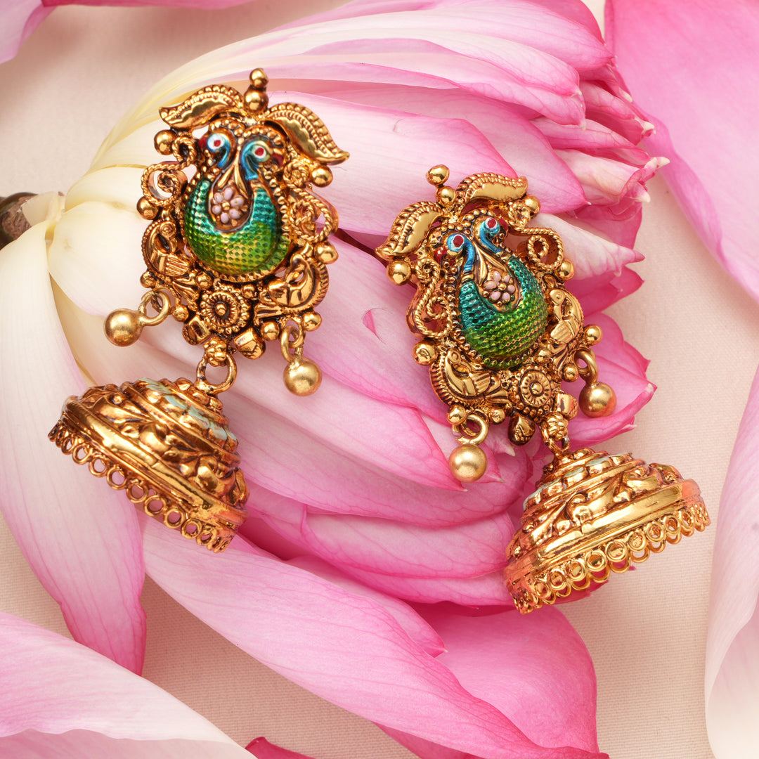 Antique Peacock Jhumkas with Golden Drops