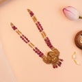 Gold Plated Silver Antique Double Strand Ruby-Red Bead Necklace with Pearl and Gold Bead Mala