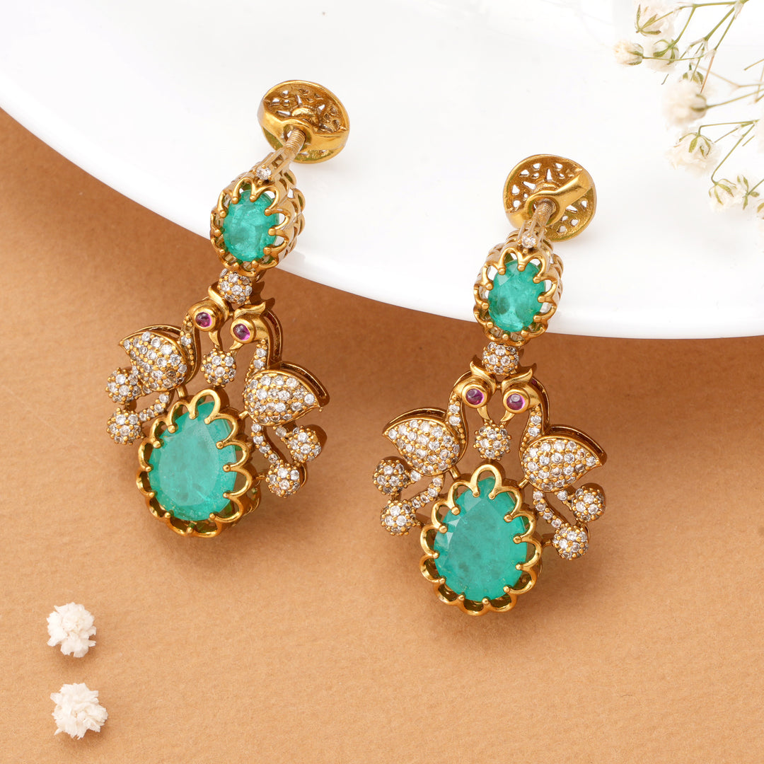 Elegant Emerald with Peacock Design Earrings