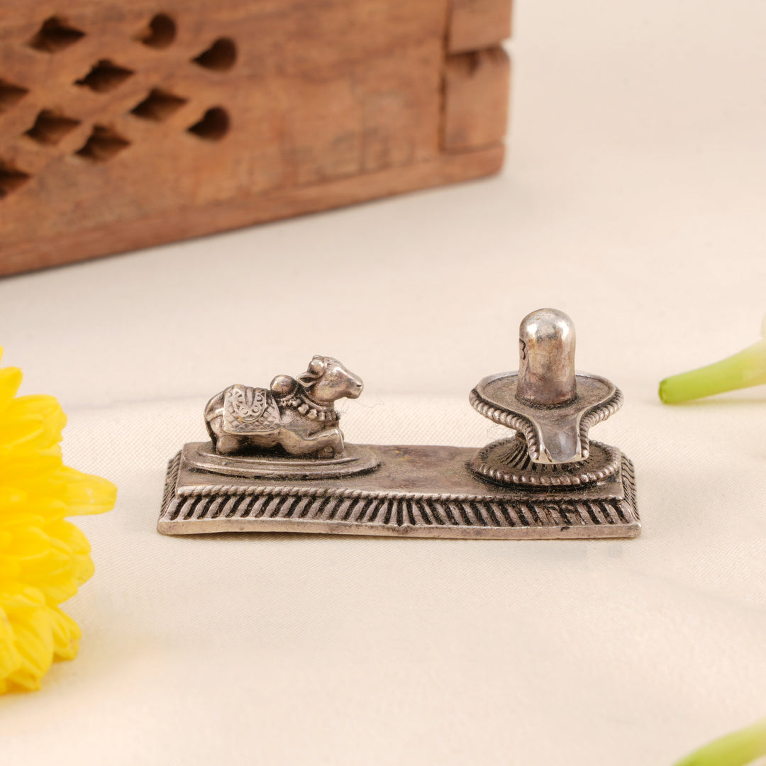 Antique Silver Shivling with Nandi Statue