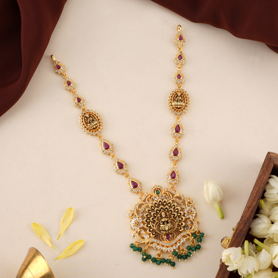 Temple Lakshmi Pendant with Ruby Leaf Necklace