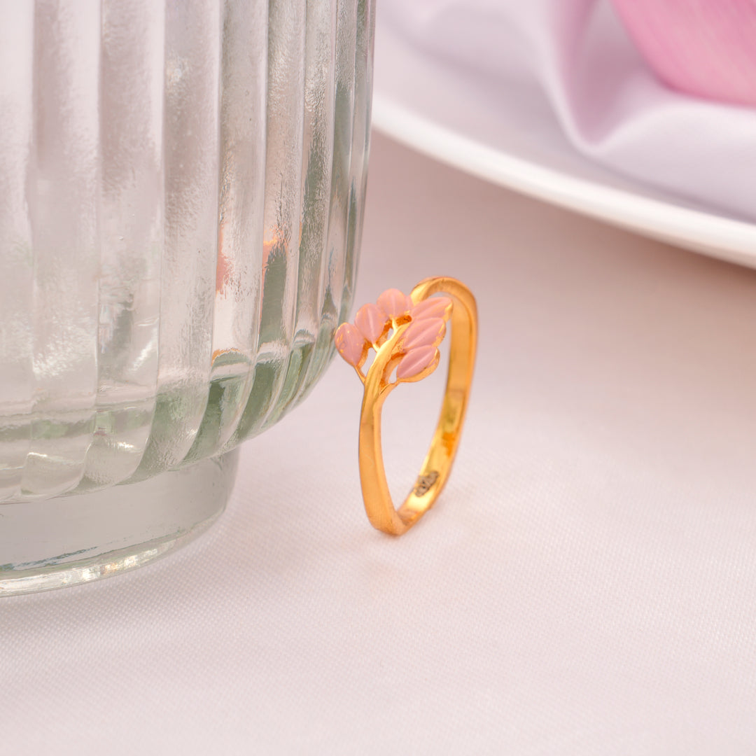 Gold Plated Pink Enamel Leaf Design Ring
