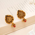 Antique Floral Red Bead Drop Gold Plated Stud