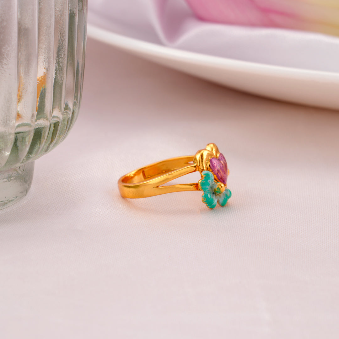 Pink Enamel Heart-Floral Silver Ring