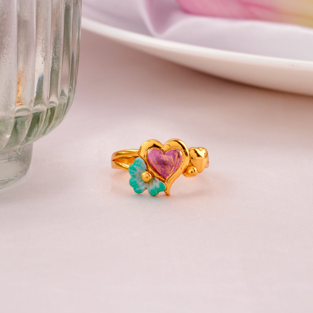 Pink Enamel Heart-Floral Silver Ring