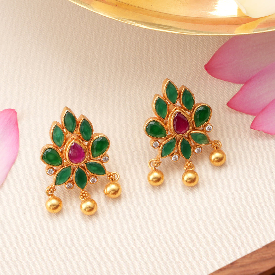 Leaf Ruby and Emerald Golden Drop Earrings
