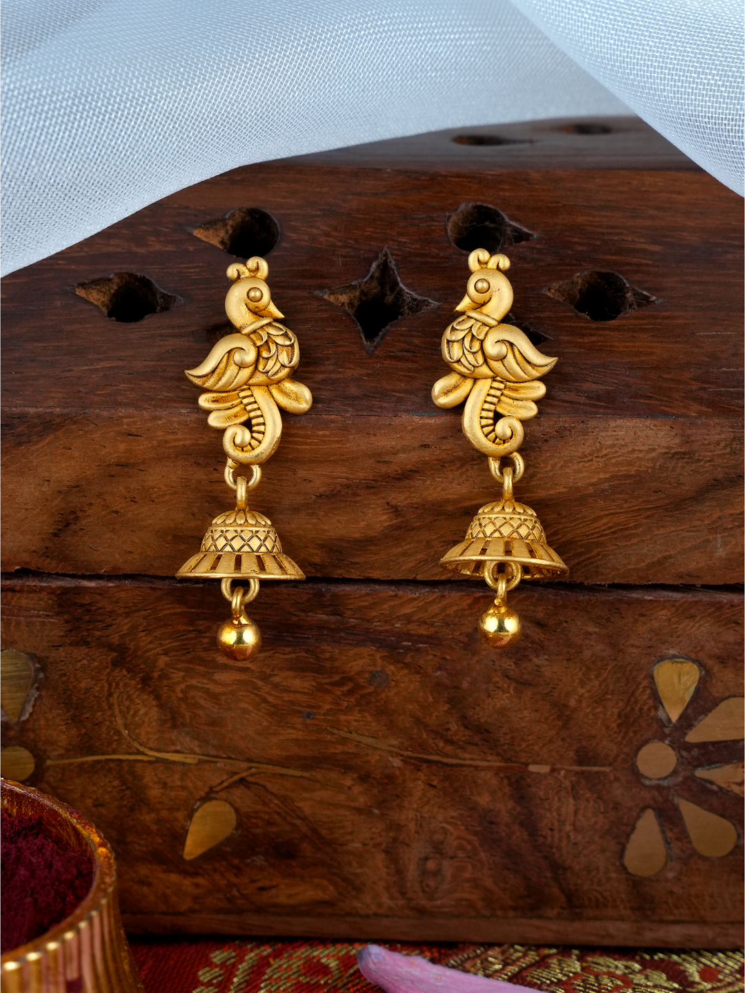Majestic Peacock Charm Drop Gold Earring