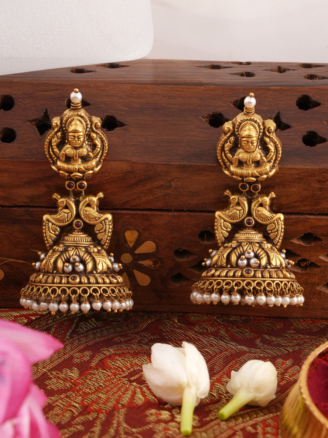 Antique Lakshmi and Dual Peacock Gold Jhumka
