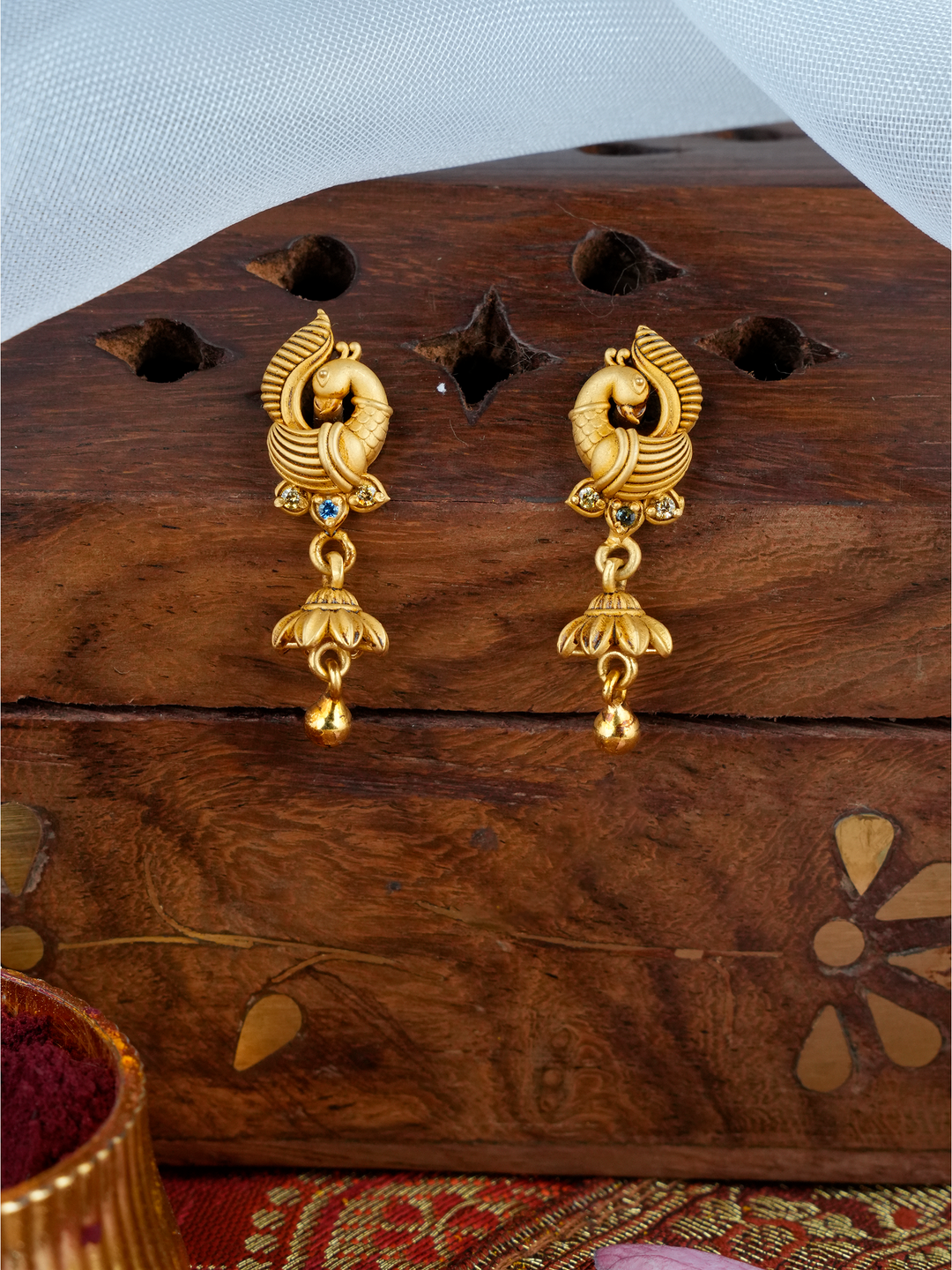 Twin Peacock Drop Temple Gold Earring