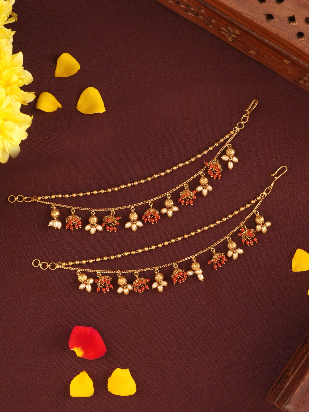 Two Layer Ruby and Pearl Gold Ear Chain