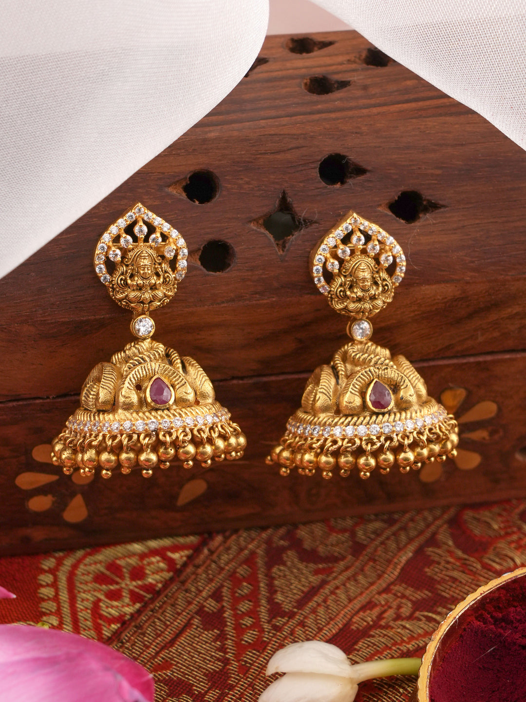 Divine Ruby with White Stone Beaded Gold jhumka