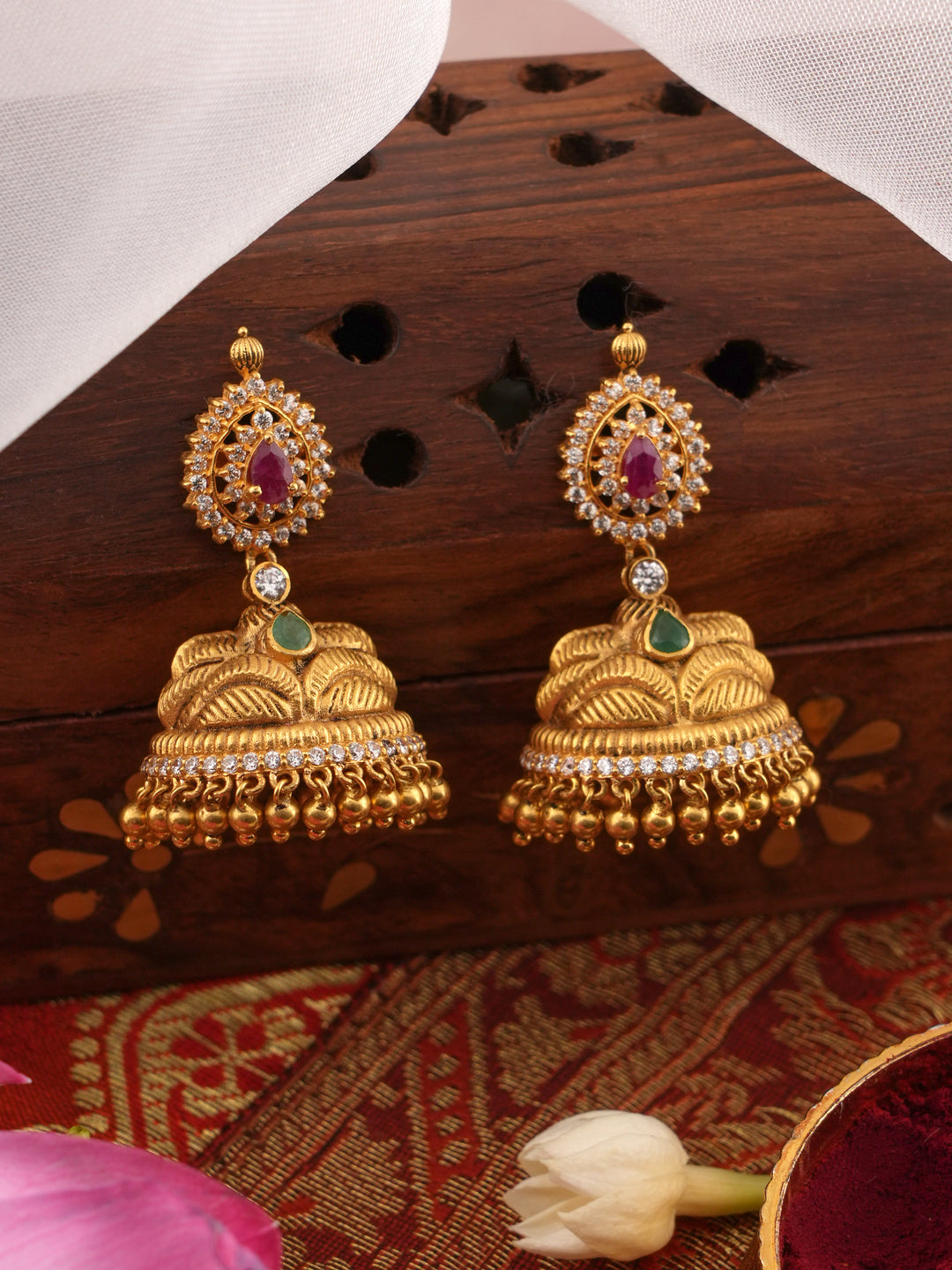 Gold Jhumka in Ruby Emerald with White Stone