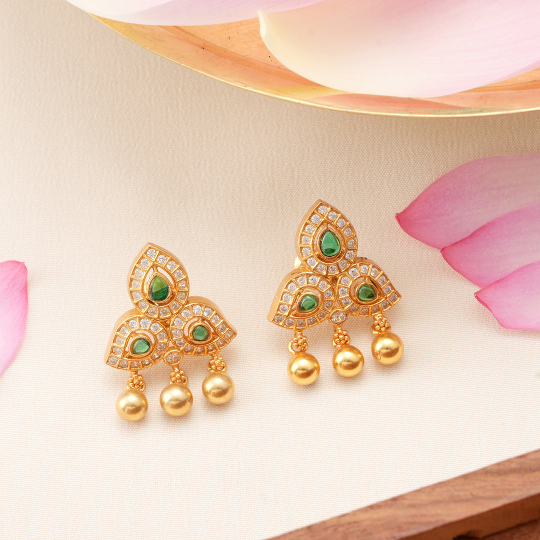 Leaf Emerald with Golden Drops Earrings
