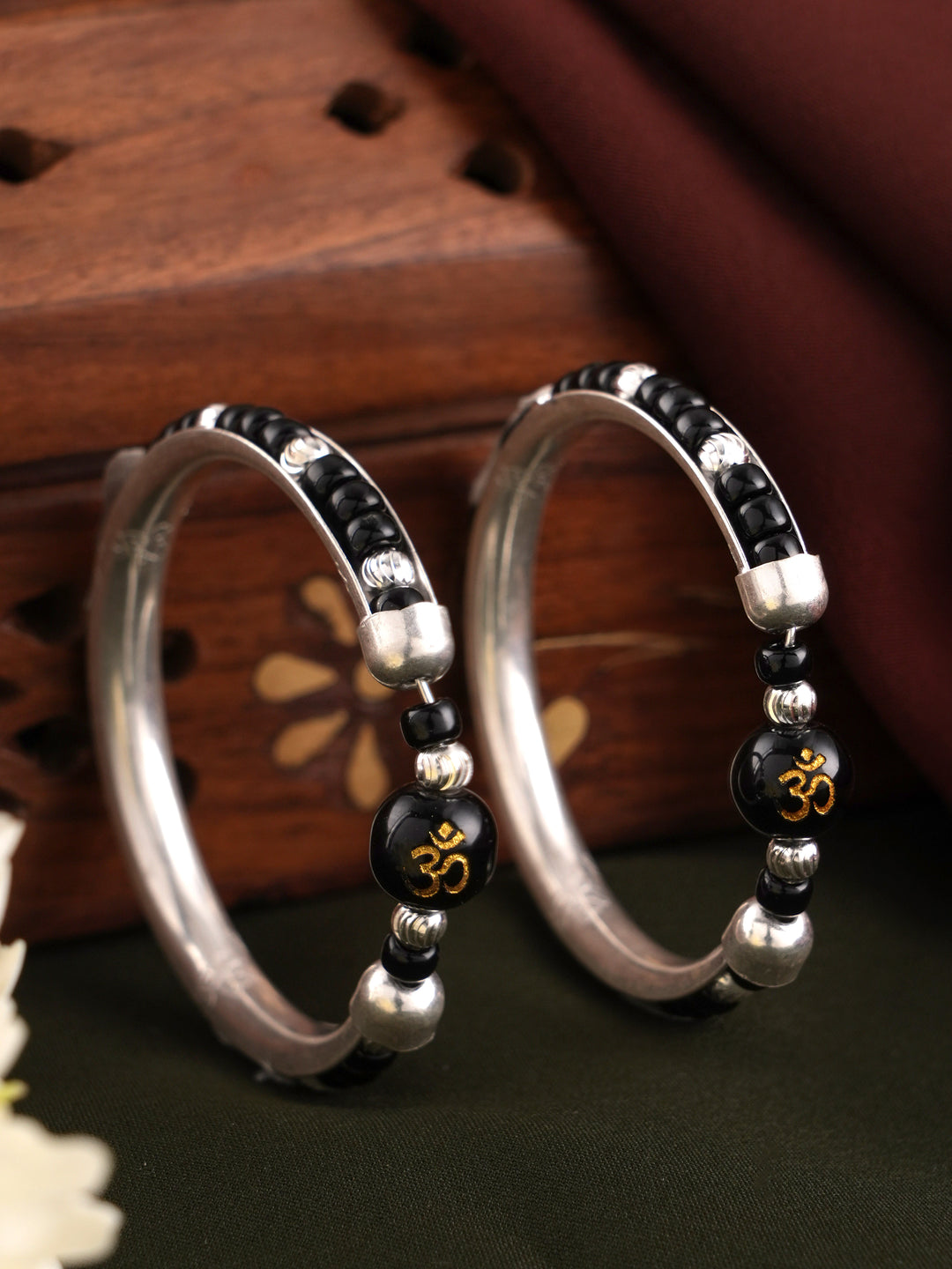 Aum Symbol with Black Beads Baby Silver Kada