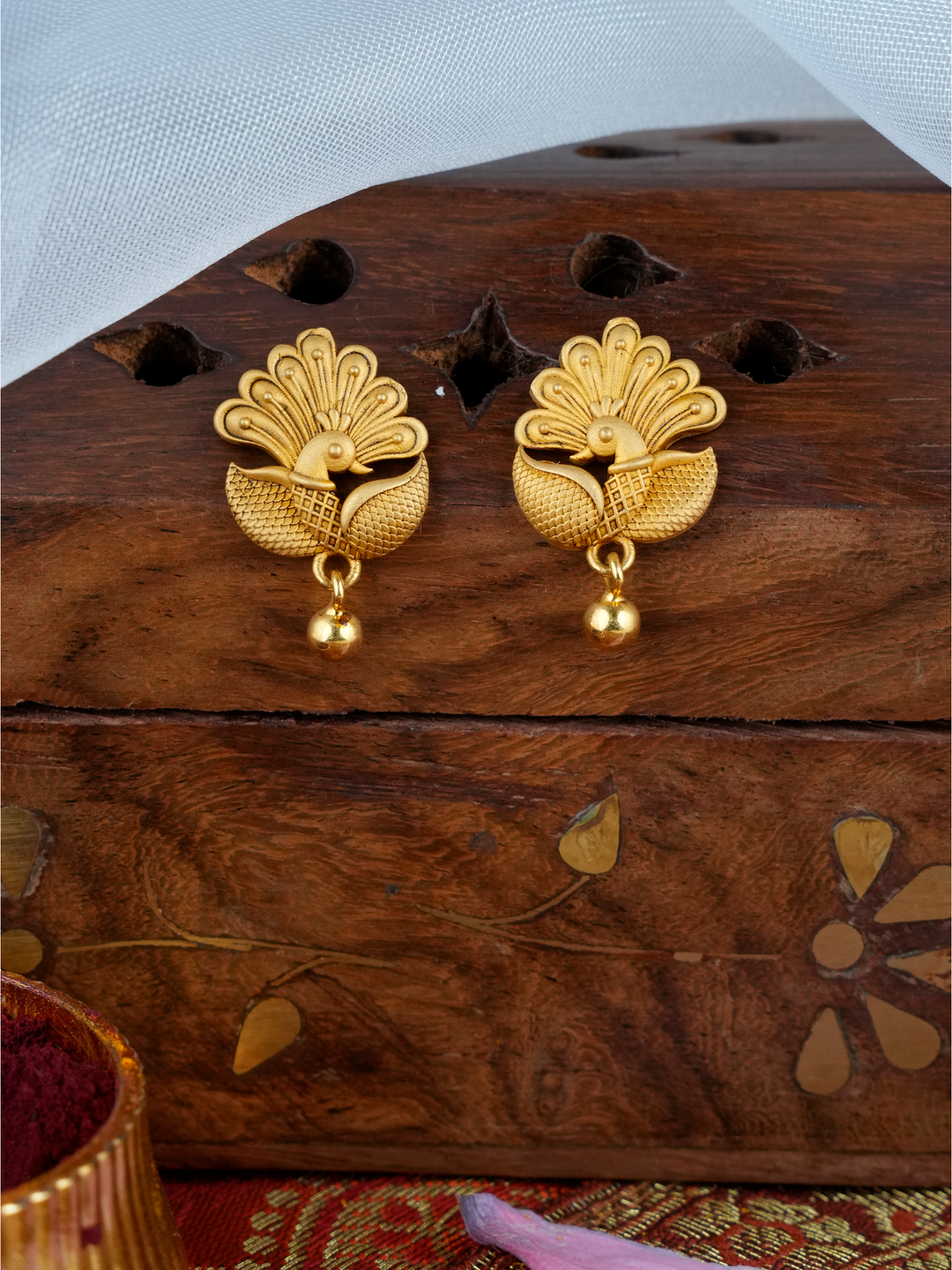 Graceful Peacock With Drops Gold Earring