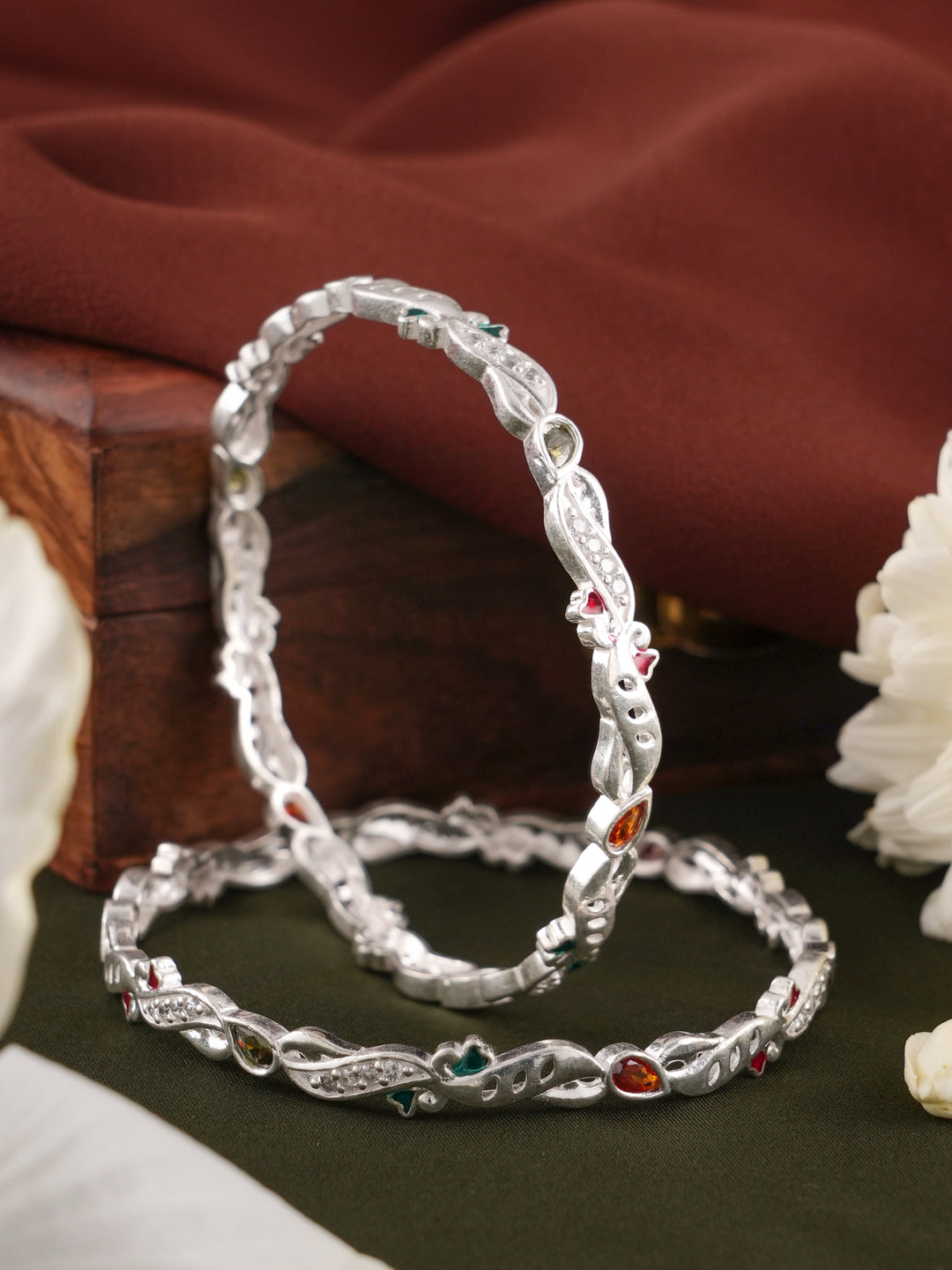 Silver Curved Leaf and Stone Bangles