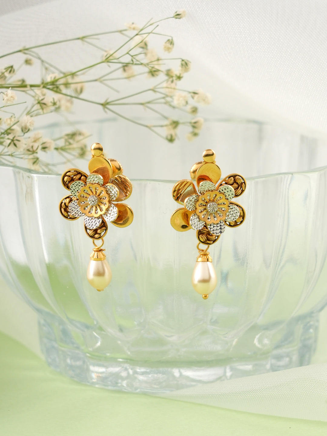 Flower with Pearl Drop Gold Earrings