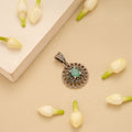 Oxidised Floral Emerald Silver Pendant