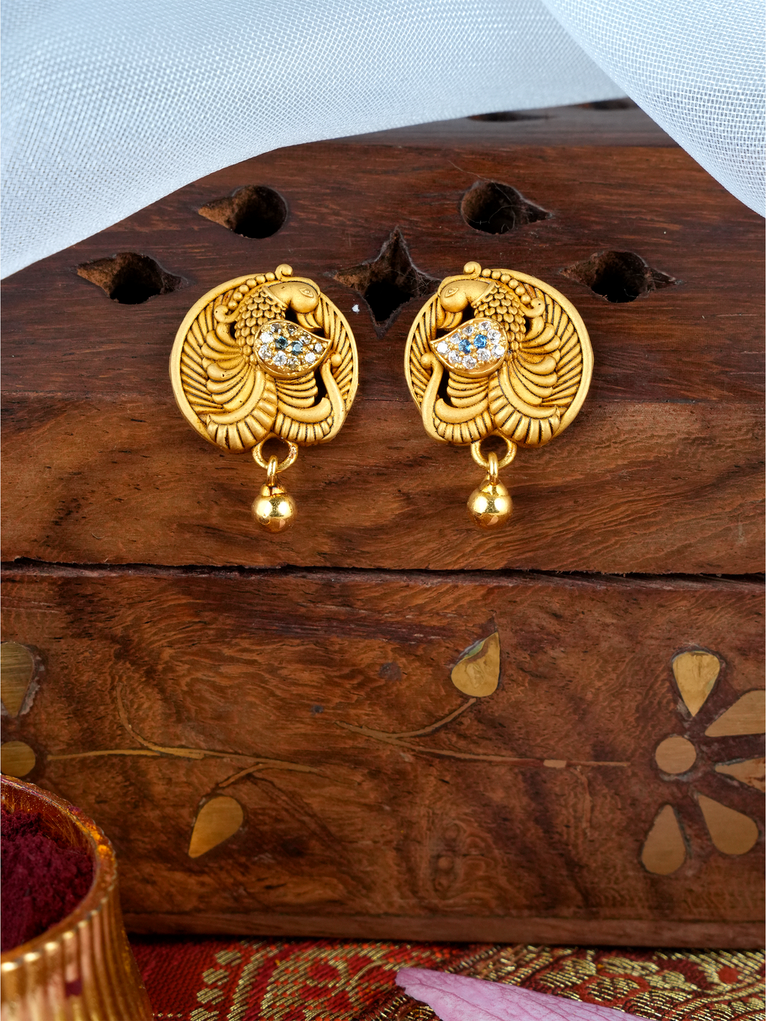 Peacock Feather Drop Gold Earring
