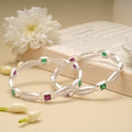 Square Green and Pink Stone Silver Bangle