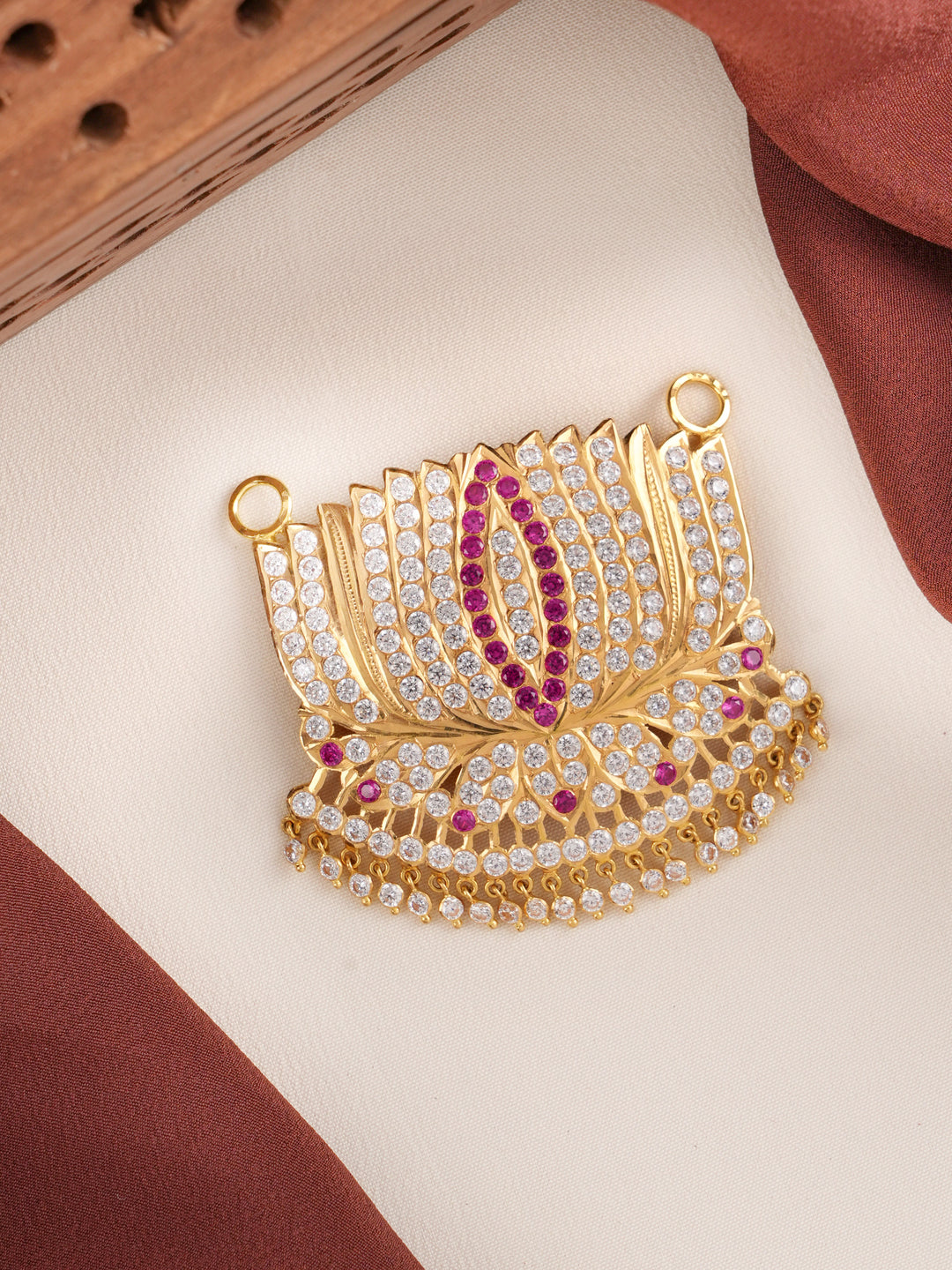Ruby and White Stone Lotus Pendant in Gold