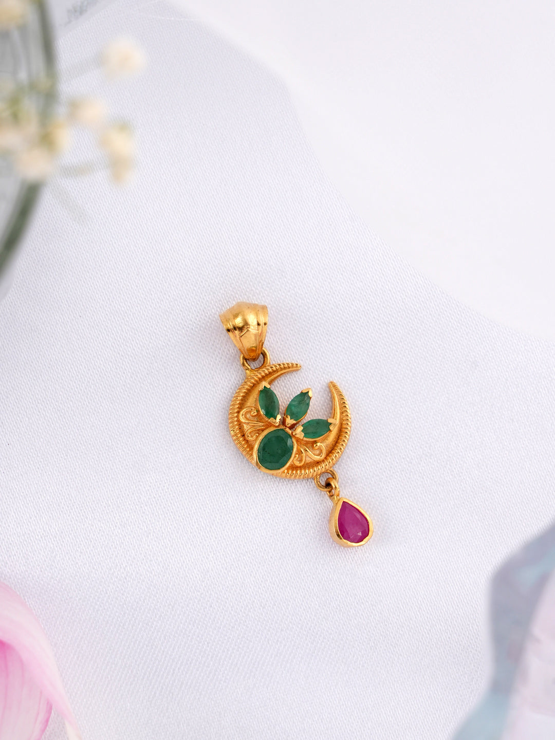 Moon with Emerald and Ruby Gold Pendant