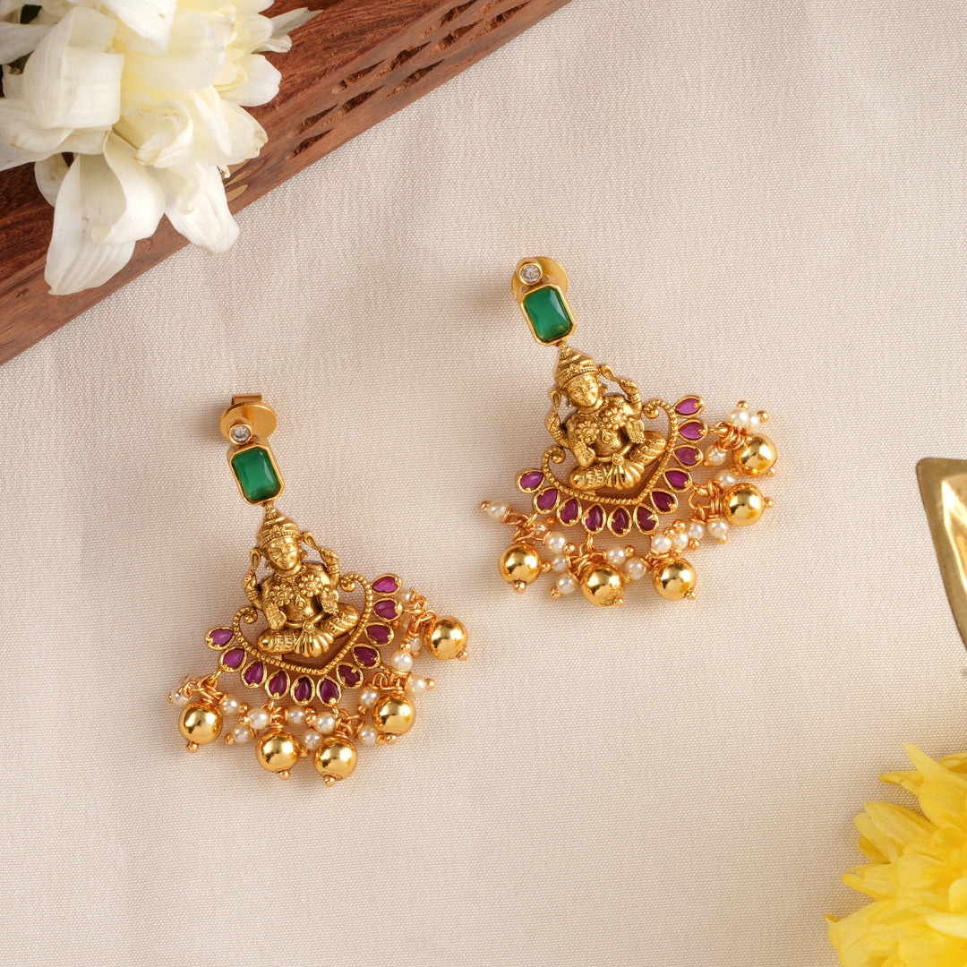 Halo Emerald Lakshmi With Beads Earrings