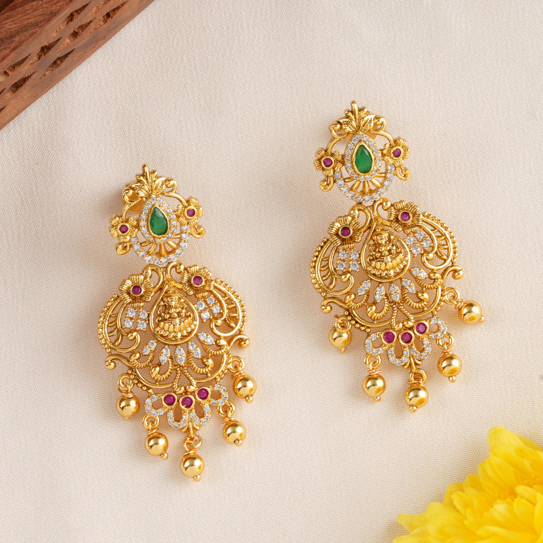 Lakshmi with Flower Golden Balls Earrings