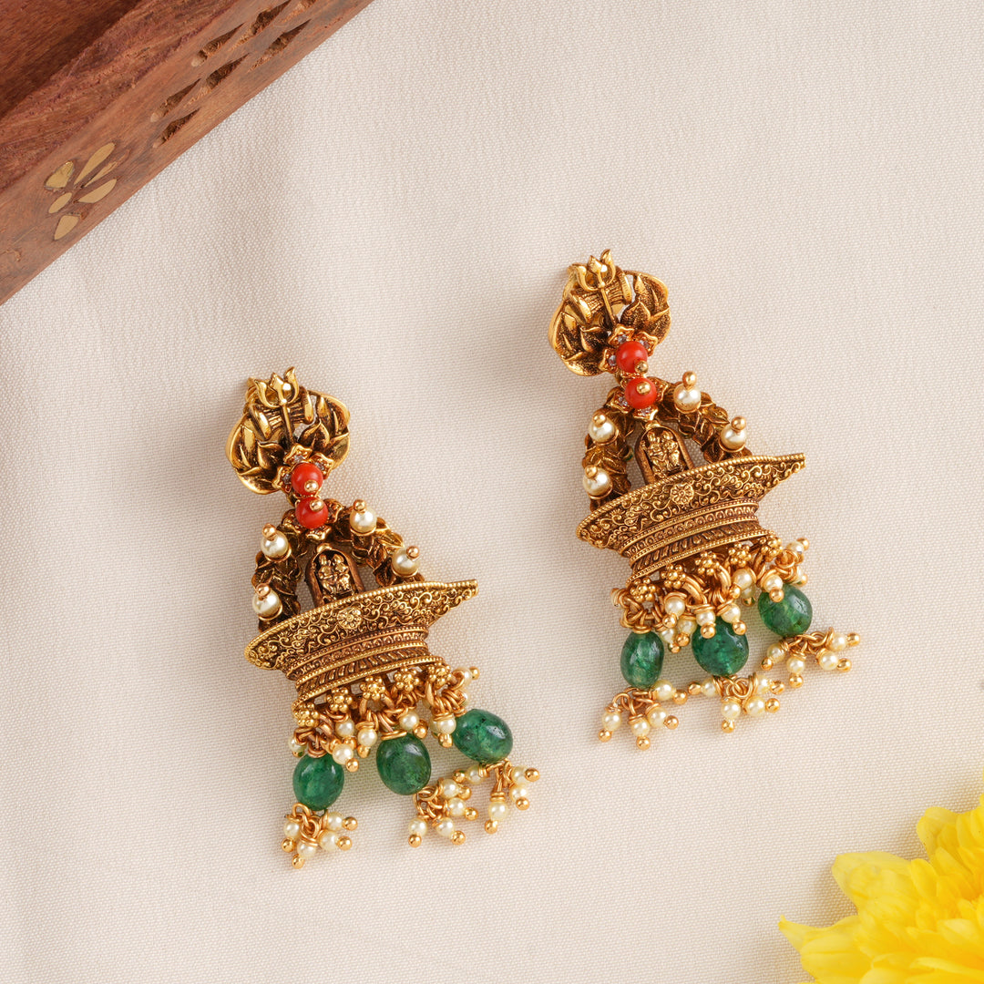 Precious Sivan Emerald Pearl Drop Antique Earrings