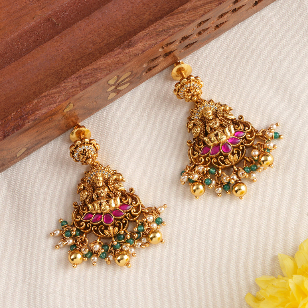 Exclusive Ruby Lotus with Lakshmi Earrings