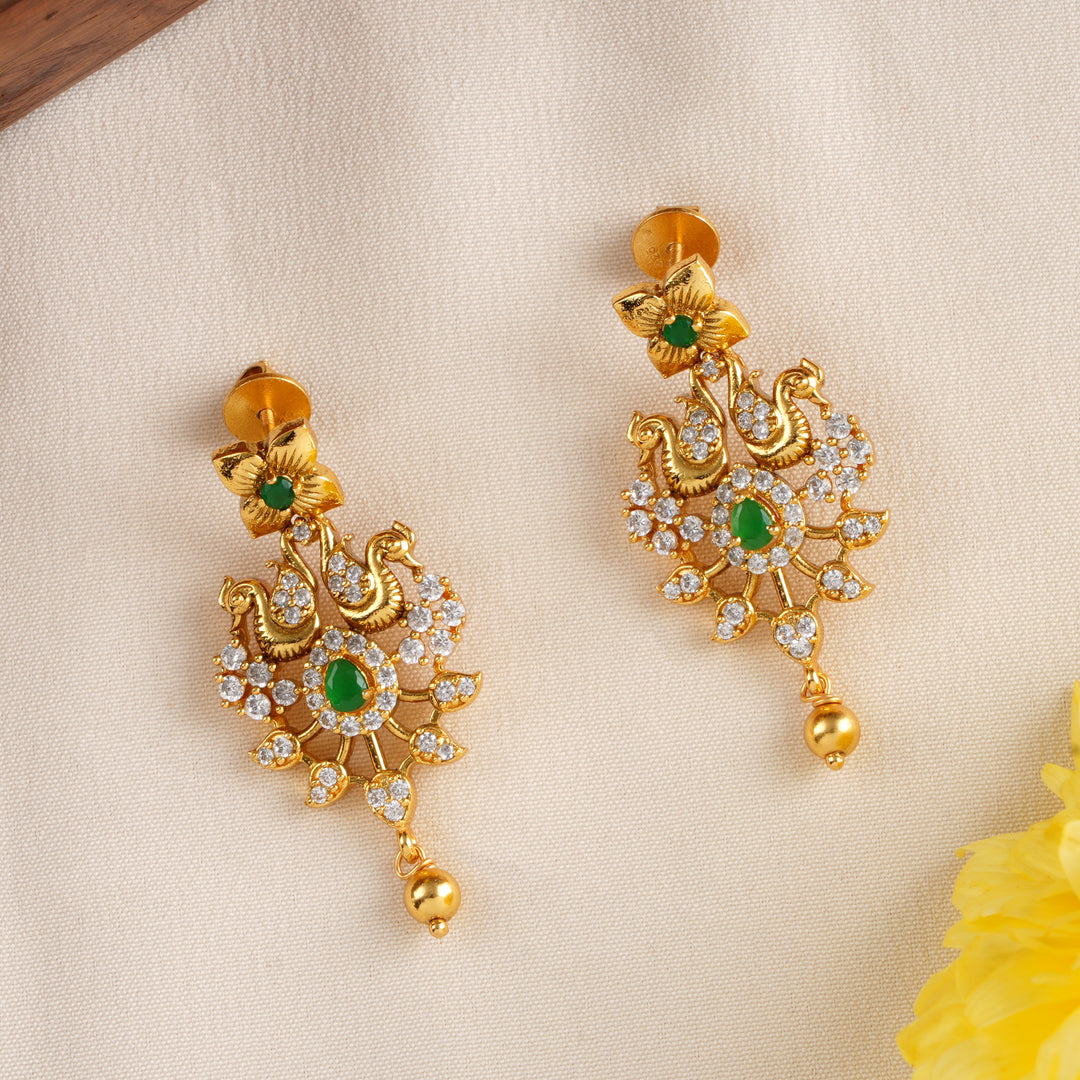 Peacock with Emerald Flower Drops Earring