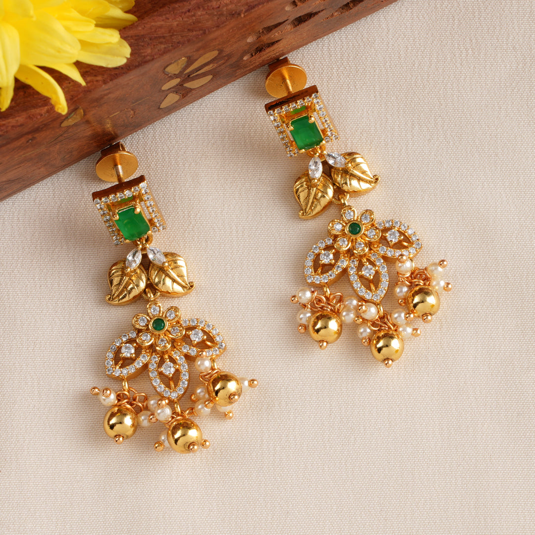 Stylish Emerald Halo with Gold Balls Earring