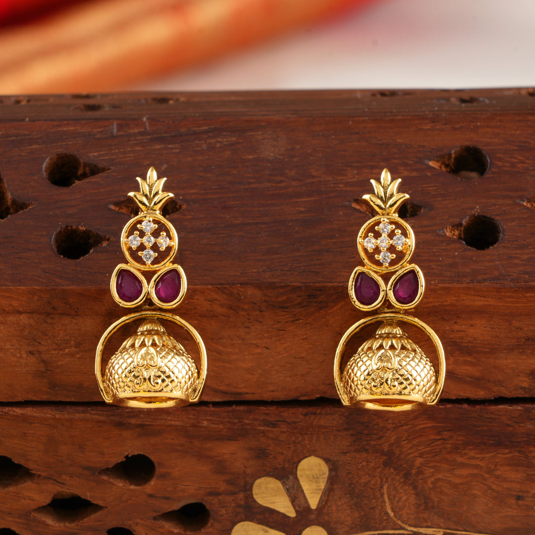 Iconic Ruby Leaf with Golden Bell Earrings