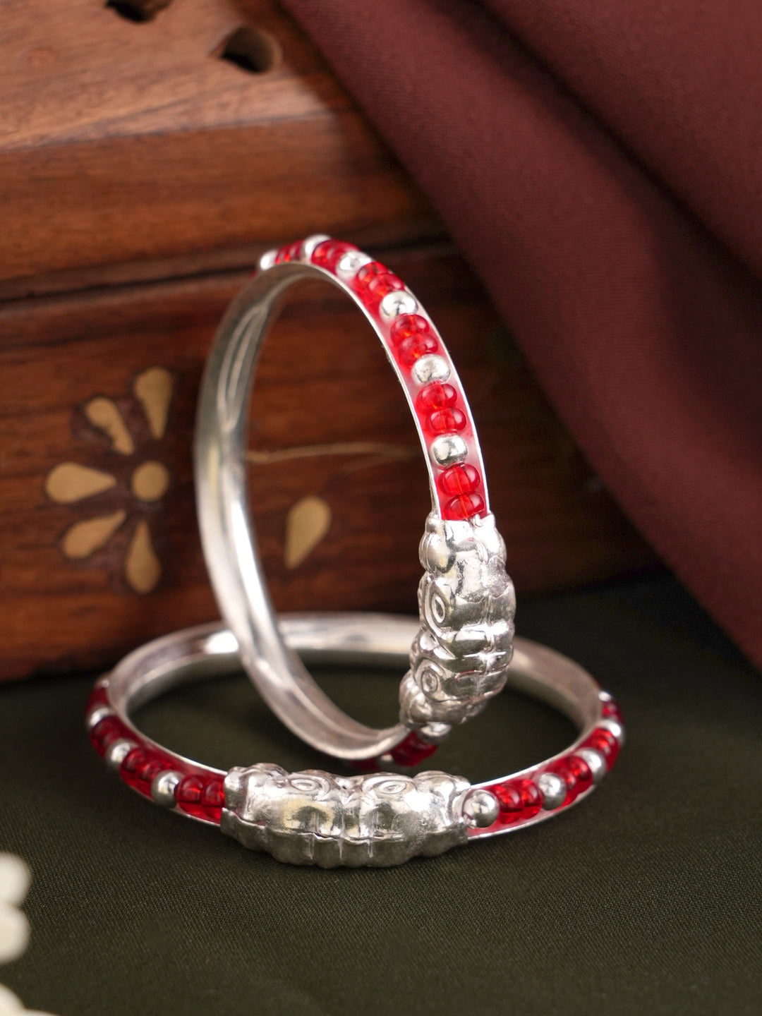 Elegant Red Beads Silver Kada for Baby