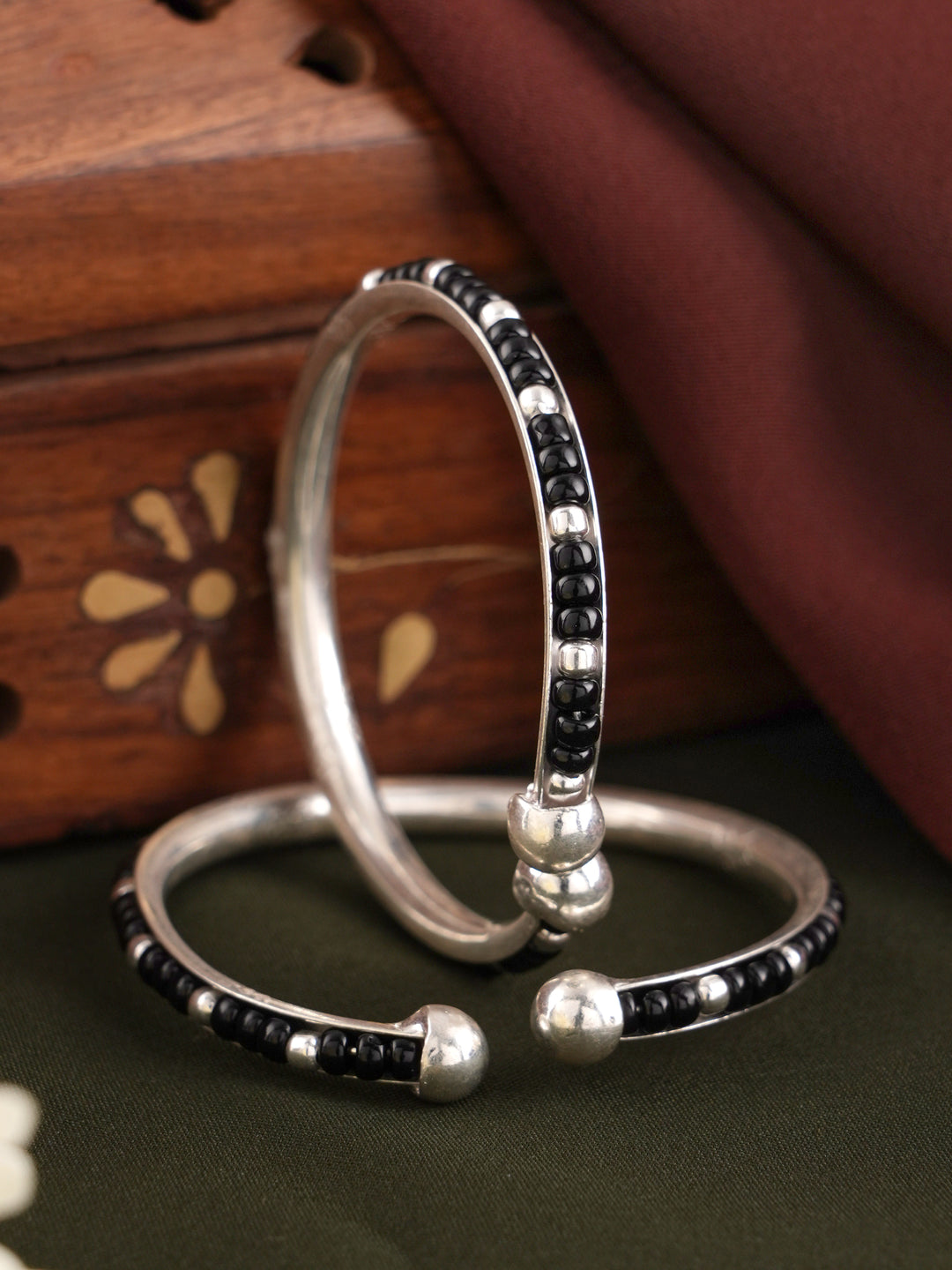 Silver Black Beads Baby Kada