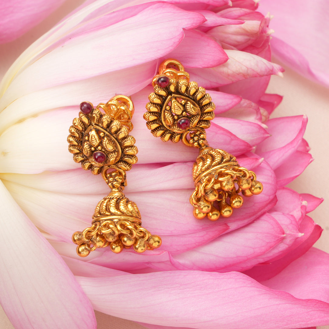 Antique Leaf Design with Ruby Beads Jhumkas